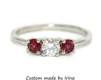 Three Stone Natural Diamond and Ruby Classic Elegant Ring