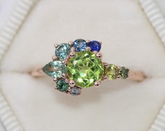 Colorful Ombre Blue Green Sapphire Ring, Asymmetrical One Of A Kind Ring