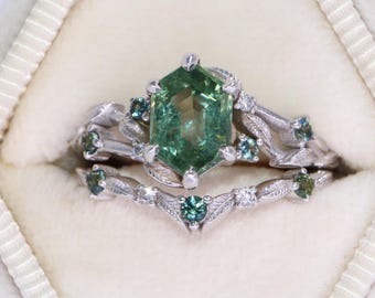 Vine Leaf Hexagon Teal Green Natural Sapphire Engagement Ring and Matching Band