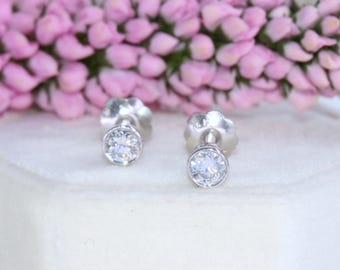Bezel Natural Diamond Stud Earrings 14k Solid Gold Screw Back