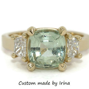 GIA Certified 2.5 carat Pastel Mint Green Sapphire Engagement Ring with Trapezoid Diamond Side Stones