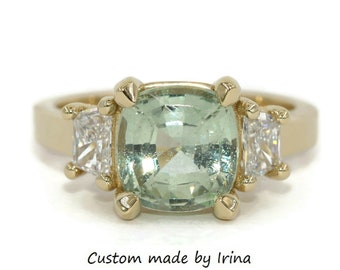 GIA Certified 2.5 carat Pastel Mint Green Sapphire Engagement Ring with Trapezoid Diamond Side Stones