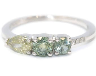 Linear Cluster Green Round Sapphire + Yellow Pear Diamond Ring