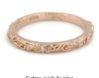 Custom Made Rustic Leaf Scroll Filigree Pattern Branch Wedding Ring