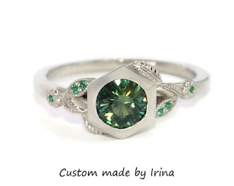 1 carat Hexagon Bezel Round Teal Green Natural Sapphire Hand Engraved Leaves Engagement Ring