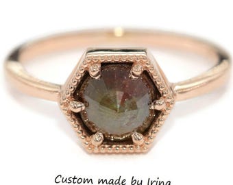 2 carat Hexagon Rustic Rose Cut Natural Diamond Ring