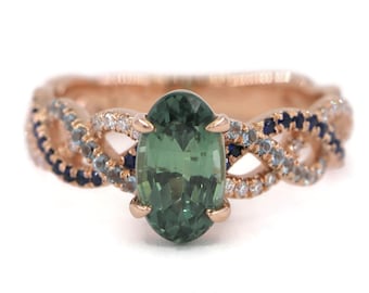 2 carat Teal Blue Green Oval Natural Sapphire Engagement Ring with Pave Braid Shank