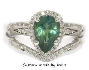 Diamond Halo 2 carat Teal Green Pear Natural Sapphire Engagement Rings Set