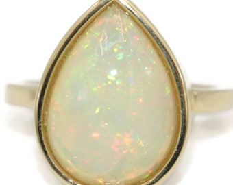 3 carat Teardrop Natural Opal Bezel Set Ring 14k Solid Gold