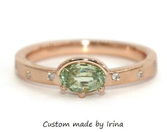 Cigar Band Ring with Oval Pastel Green Montana Sapphire and Scattered Diamonds in 14k Rose Gold