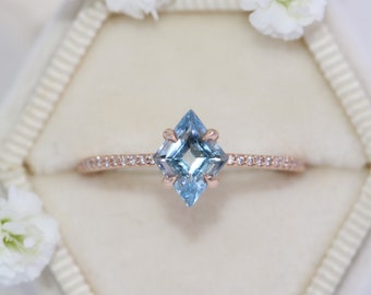 Lozenge Natural Aquamarine 14k Rose Gold Engagement Ring with Dainty Halfway Prong Set Diamonds