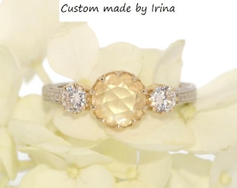 Hand Engraved Euro Shank 14k Mixed Bi-color Gold 3 Stone Ring