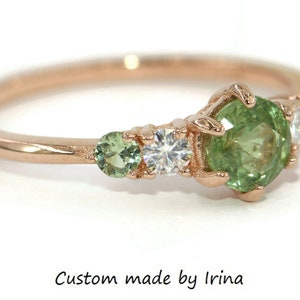 Green Unheated Montana Sapphire Ring, Round Teal Five Stone Unheated Natural Montana Sapphire Ring, 5 stone ring
