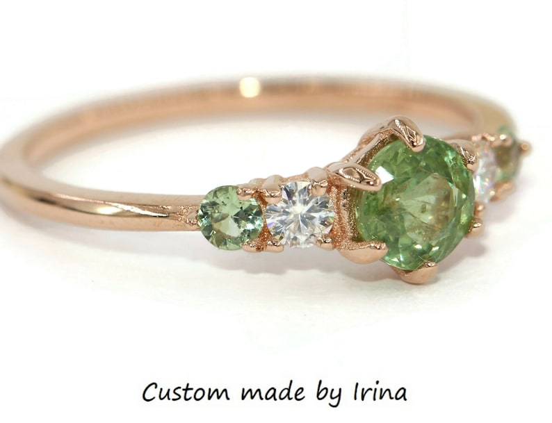Green Unheated Montana Sapphire Ring, Round Teal Five Stone Unheated Natural Montana Sapphire Ring, 5 stone ring