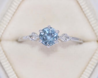 1 carat Sky Blue 3 Stone Natural Sapphire Ring 14k Solid Gold Custom Made