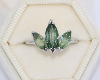 3 Stone Leaf Marquise Green Sapphire Engagement Ring