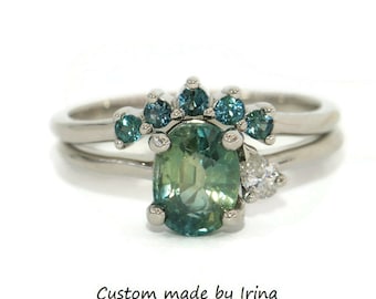 2 carat Oval Blue Green Sapphire + Pear Diamond Platinum Cluster Ring and matching Nesting Wedding Band