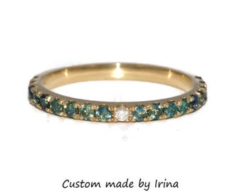 Blue Green Natural Sapphires and Diamonds Half Eternity Ombre Wedding Band 14k Solid Gold