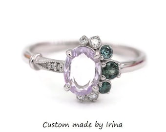 Fairy-tale Cluster Engagement Ring with Crescent Half Moon Halo and Vintage Style Inspired Details