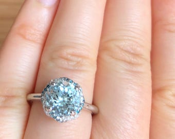 2 carat Natural Aquamarine Rope Double Diamond Halo Engagement Ring