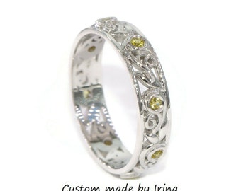 Custom Made Lace Vine Leaf Eternity Wedding Band with Vintage Inspired Scroll Filigree Patterns