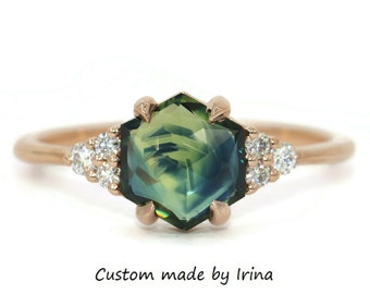 1.5 carat Hexagon Blue Green Parti Natural Sapphire Engagement Ring