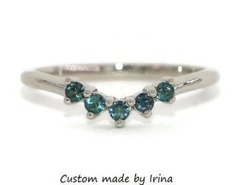 Curved Nesting Wedding Ring with 5 Stone Teal Blue Green Sapphires