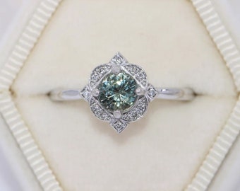 GIA Certified 1.8 carat Unheated Montana Sapphire Engagement Ring with Vintage Style Inspired Diamond Halo