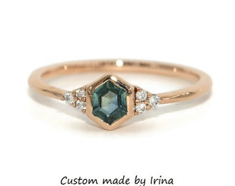 1 carat Bezel Set Hexagon Sapphire Ring with 3 Side Stones