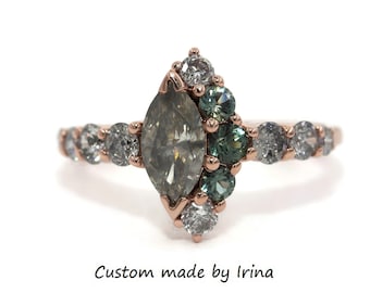 Salt and Pepper Smokey Gray Marquise Diamond One Of A Kind Cluster Engagement Ring with Half-Moon Celestial Crescent Halo