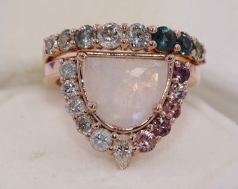 Rose Cut Moonstone Ombre Cluster Engagement and Wedding Rings Set