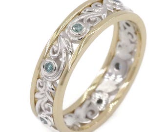 Lacework Scroll 14k Yellow Gold and 14k White Gold Leaf Vine Filigree Eternity Ring Custom Made