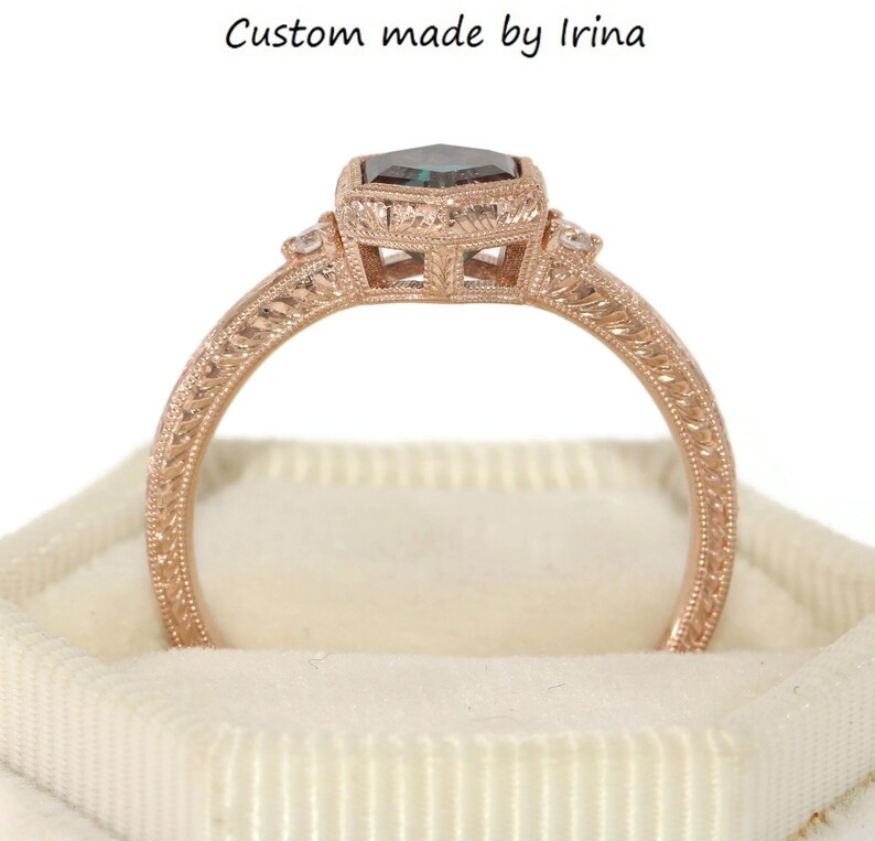 Designer Rings. Hand Engraved Hexagon Engagement Ring and Wedding Band by Irina