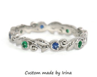 Leaf Vine Filigree Scrollwork Wedding Eternity Ring with Alternating Sapphires and Emeralds