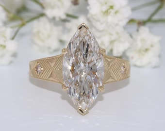 Art Deco 5 ct IGI Lab Diamond Hand Engraved Marquise Ring