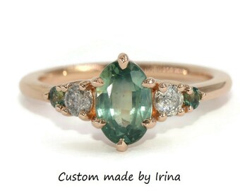 2 carat Green Natural Sapphire Five Stone Engagement Ring with Side Gray Natural Diamonds