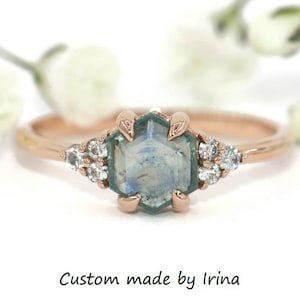 Unheated Hexagon Natural Montana Sapphire + Natural Diamonds Engagement Ring