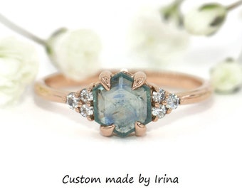 Unheated Hexagon Natural Montana Sapphire + Natural Diamonds Engagement Ring