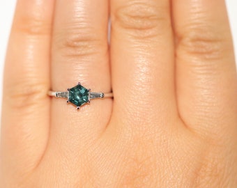 1 carat Teal Blue Green Hexagon Sapphire 3 stone Engagement Ring with Tapered Baguette Diamond Side Stones