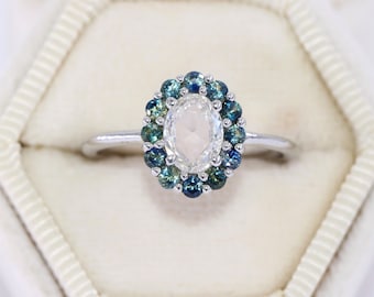 Oval Rose Cut Natural Diamond and Blue Green Ombre Bi Color Sapphires Halo Engagement Ring