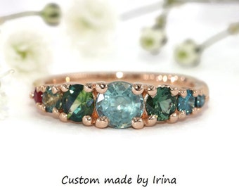 Custom Made 5 mm Round Unheated Montana Sapphire Ombre 5 Stone Ring with Blue Green Sapphires and Ruby