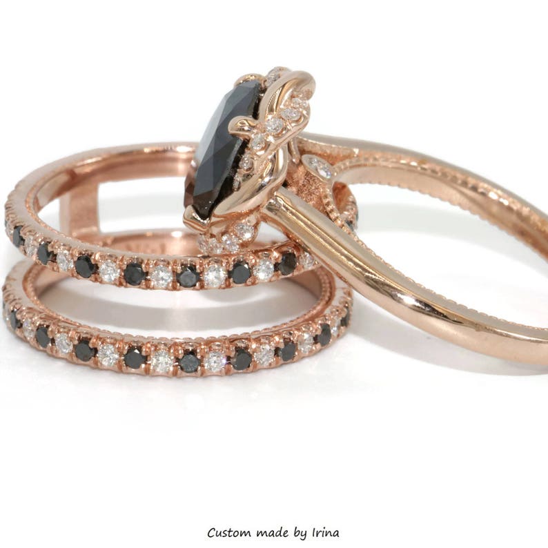 Black Diamond Engagement Ring Set Rose Gold Verlobungsring Etsy
