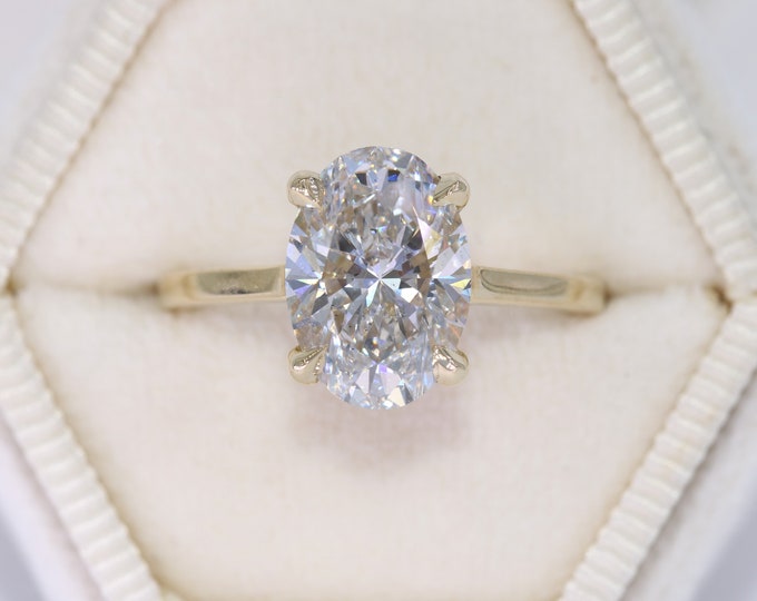 Featured listing image: 3 carat IGI Certified Oval Lab Diamond Cathedral Engagement Ring with Hidden Stones