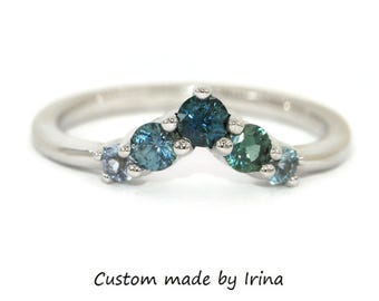 V Shape Cluster Ombre Blue Green Natural Sapphires Ring
