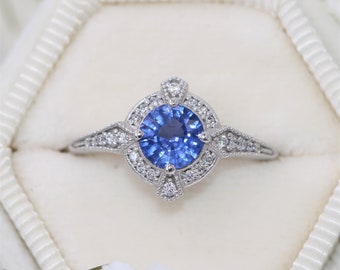1 carat Blue Natural Sapphire Engagement Ring, Vintage Style Sapphire Diamond Ring, Edwardian Style Engagement Ring, Custom Made by Irina