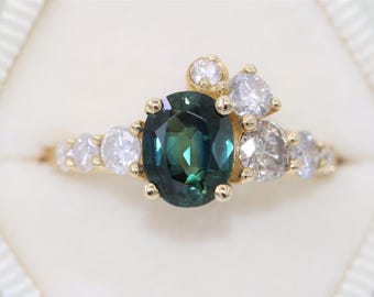 2 carat Oval Blue Green Parti Natural Sapphire Ombre Cluster Ring