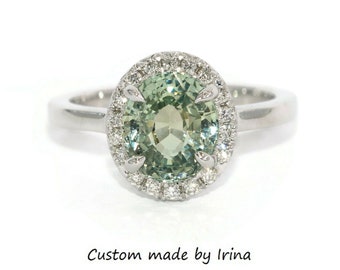 French Cut Diamond Halo 3 carat Oval Green Sapphire Engagement Ring