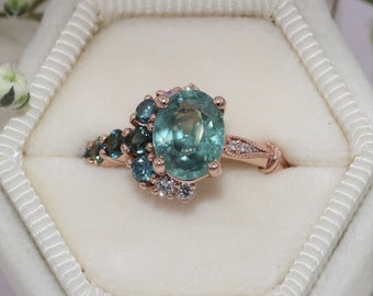 One Of A Kind Sea Foam Teal Green Cluster Engagement Ring, SETTING ONLY