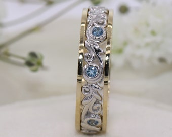 Scroll Vintage Pattern Wedding Ring, Leaf Filigree Wedding Eternity Band, Aquamarine Band, Mixed Gold Wedding Ring, Filigree Pattern Ring