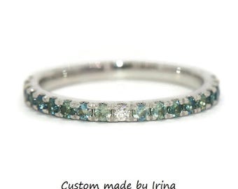 Ombre Blue Green Natural Sapphires + Diamonds Wedding Cluster Ring 14k Solid Gold